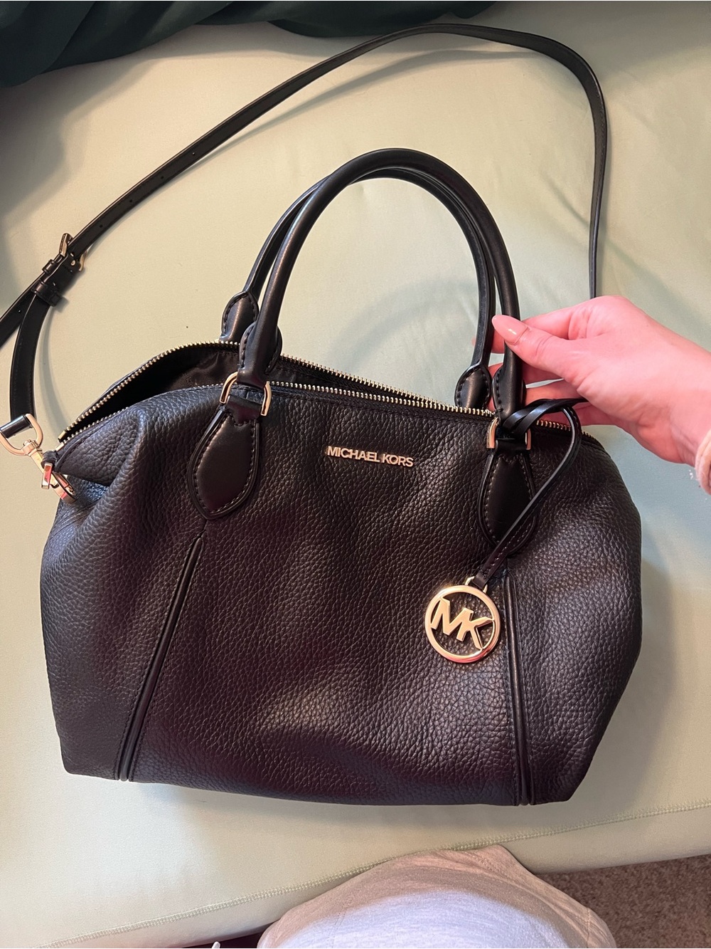 Michael Kors Black Pebbled Leather Satchel with Gold Charm